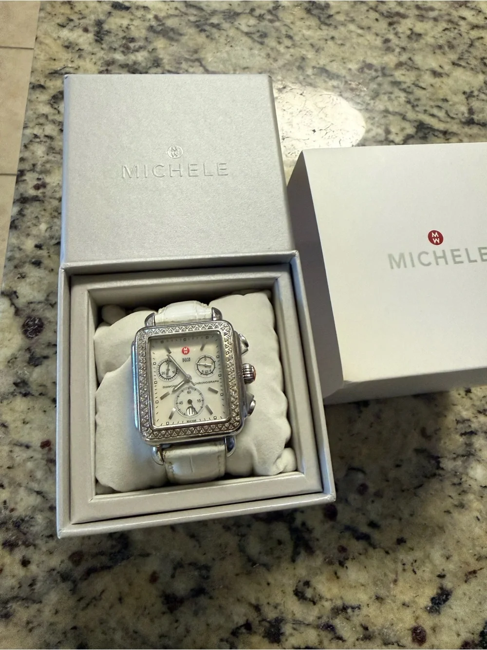 Michele White Diamond-Accented Square Chronograph Watch